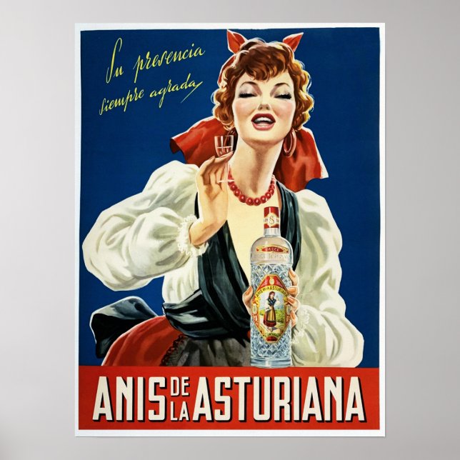 ANIS DE LA ASTURIANA Spain Aniseed Liquor Old Poster (Framsidan)