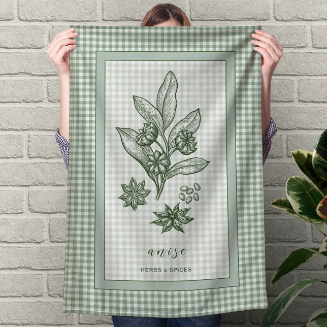 Anis ört kökshandduk – grön gingham kant (Anise Herb Kitchen Towel – Green Gingham Border)