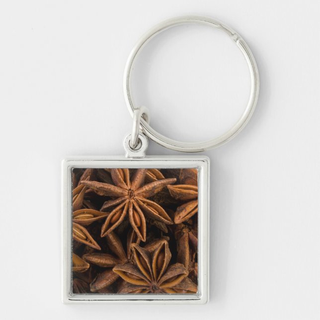 Anise Stars Mönster Fyrkantig Silverfärgad Nyckelring (Framsidan)