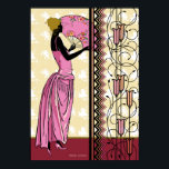 ANJANETTE: Art Deco Mode inom Rosa och Gult Poster<br><div class="desc">Anjanette är en annan i vår silhuettes-serie. Hon står alldeles utanför konsthantverket järn och glasverket och framför en blommigt tapet - i vit silhuett - som överensstämmer med blommigten på hennes fläkt. Hennes klänning är en nydesign av en gåva från 1913.</div>