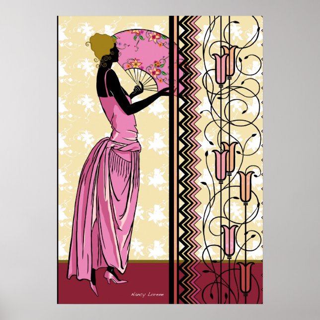 ANJANETTE: Art Deco Mode inom Rosa och Gult Poster (Framsidan)