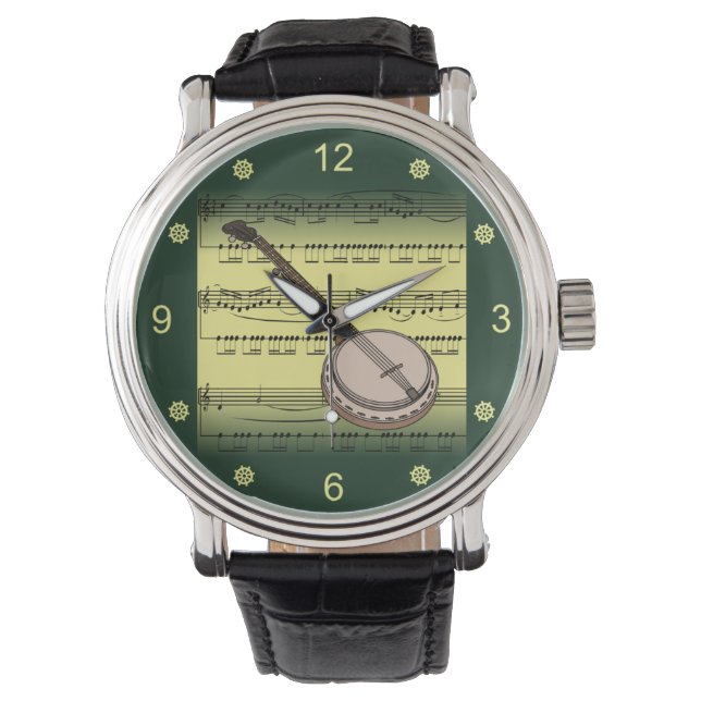 anjo~Rolled Lakan Music~Guld/Grönt Background~ Armbandsur (Framsida)