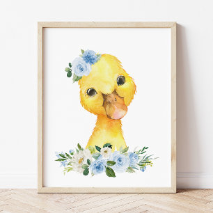 Anka, Boskap, Blåa blommor, Boy Nursery Poster