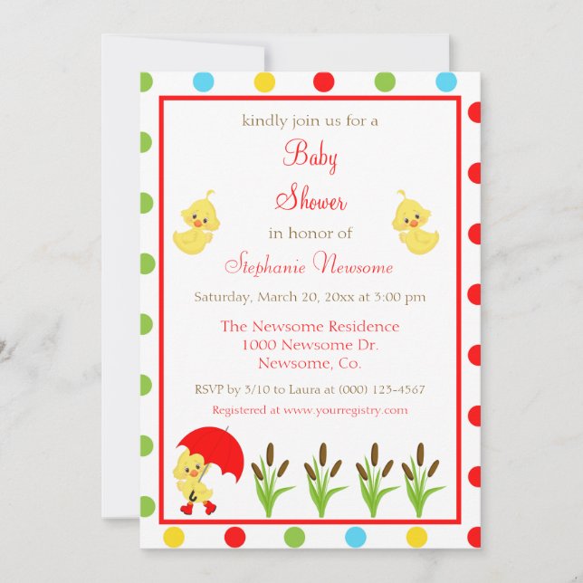Anka för Polka dots Baby Shower Inbjudningar (Framsida)