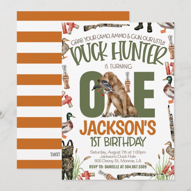 Anka Hunter First Birthday Inbjudningar (Fram/baksida)