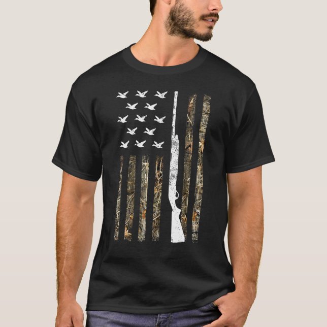 Anka Hunting US Flagga Geese Teal Merganser Hunter T Shirt (Framsida)