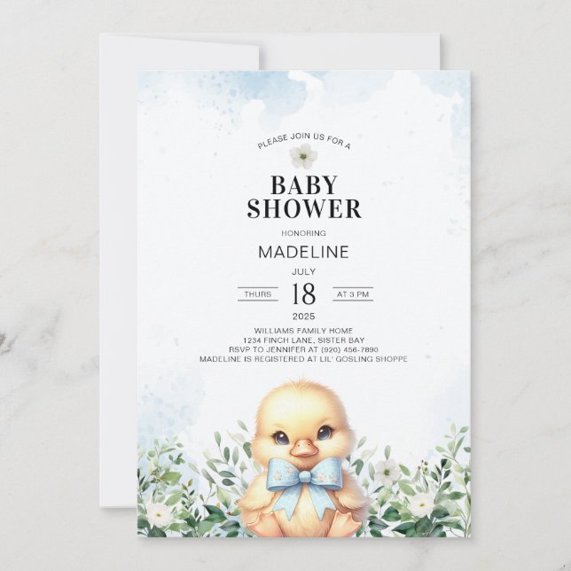 Anka med Bow Blue Boy Baby Shower-inbjudan Inbjudningar (Framsida)