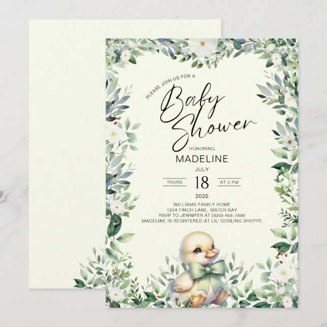 Anka med Bow Greenery Baby Shower-inbjudan Inbjudningar (Fram/baksida)