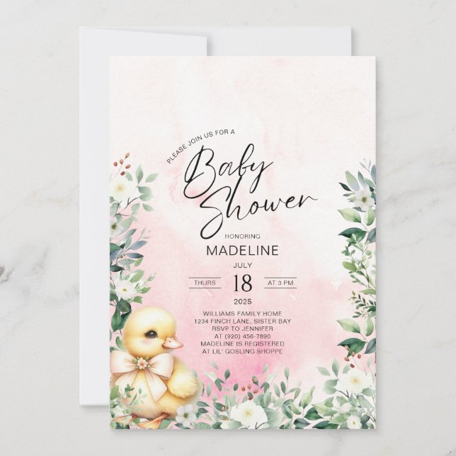 Anka med Bow Rosa Girl Baby Shower-inbjudan Inbjudningar (Framsida)