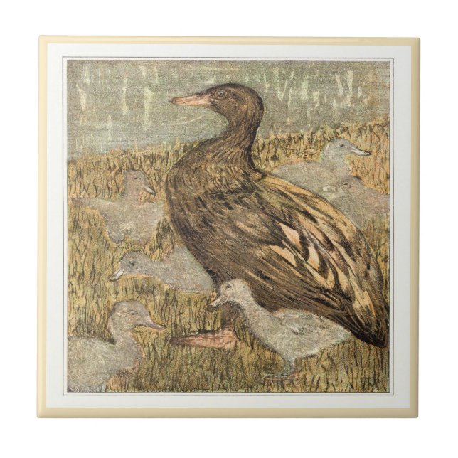 Anka med Chick Vatten Kant Nederländska Victorian  Kakelplatta (Framsidan)