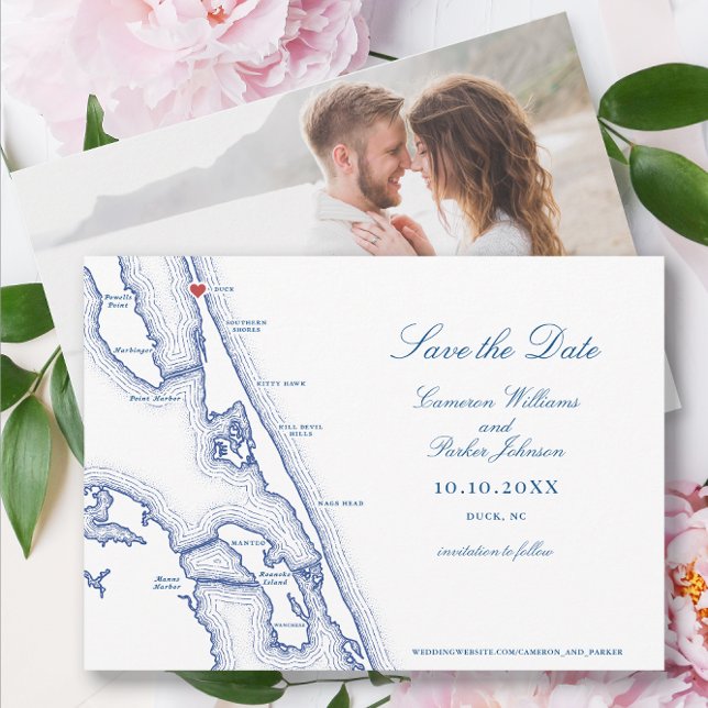 Anka NC Karta Elegant - marinblått Bröllop Spara Datumet (Duck NC Wedding Save the Date for an elegant navy blue Outer Banks Wedding by Coastal Map Designs)