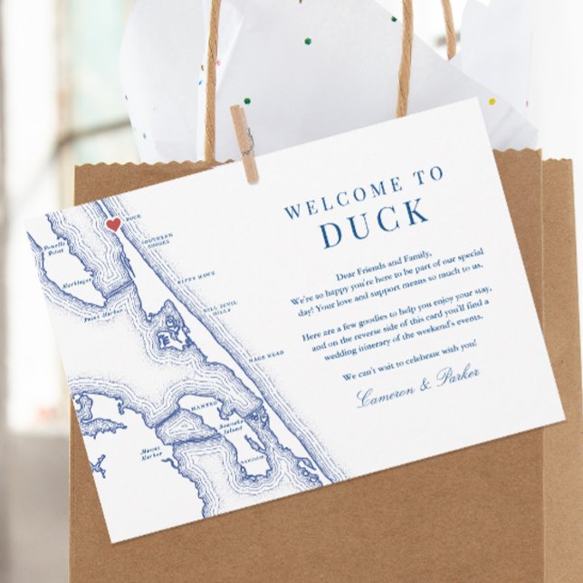 Anka NC:s yttre Banker Bröllop Välkomsthälsning It Tack Kort (Duck NC Wedding Welcome Letter Itinerary for an elegant navy blue Outer Banks Wedding)