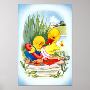 Anka och kyckling som simmar poster