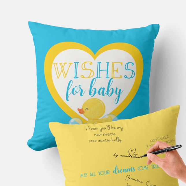 Anka Önskemål för Baby-autografritor för underskri Kudde (Wishes for Baby Guestbook Signature Pillow for Watercolor Rubber Duck Baby Shower)
