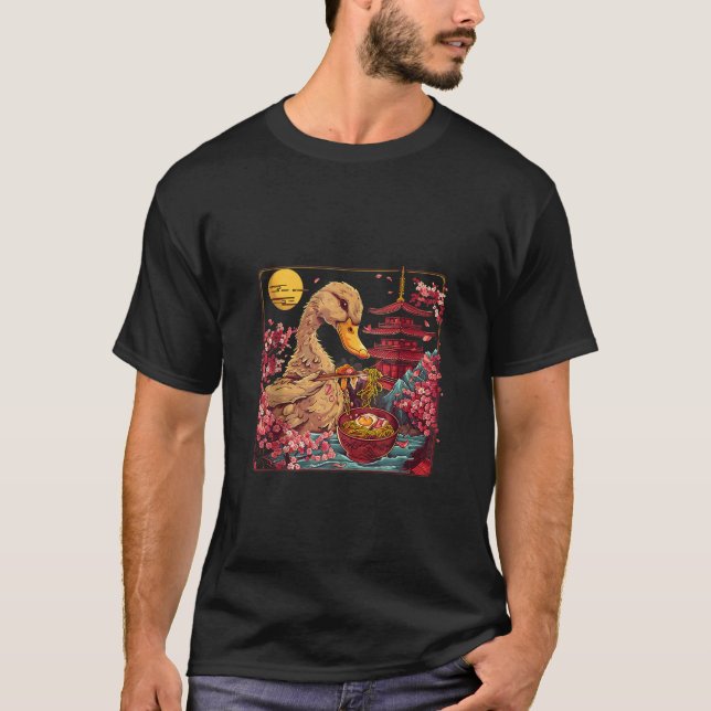 Anka Ramen Kawaii Pagodtorn Sakura Blommor Måne T Shirt (Framsida)