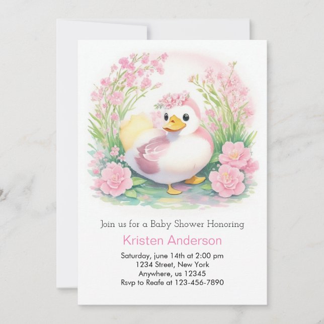 Anka Rosa Watercolor Girl Baby Shower Inbjudningar (Framsida)