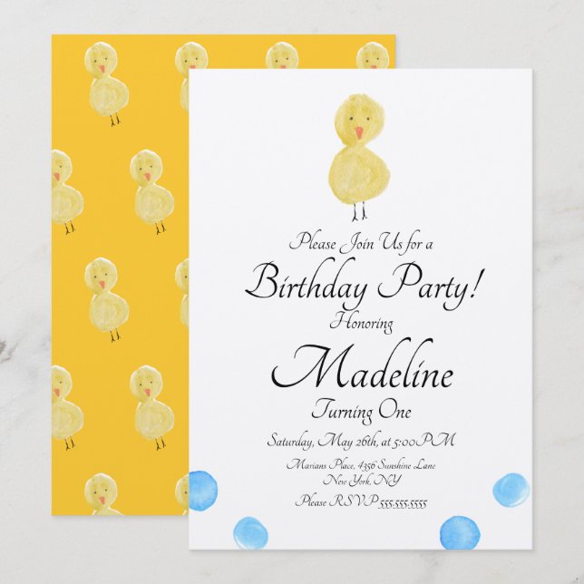 Anka vattenfärgsfärg första Födelsedagsfesten Rust Inbjudningar (Fram/baksida)