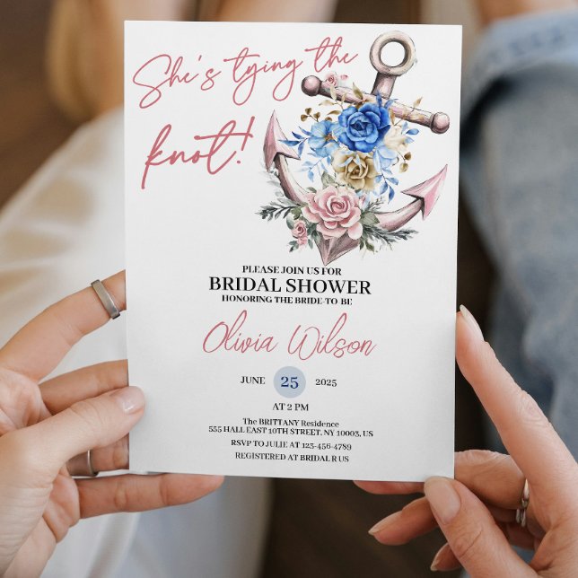 Ankar knyter knuten nautisk bröllopsdusch inbjudningar (nautical bridal shower cute pink destination elegant modern tropical coastal beachy classic roses )