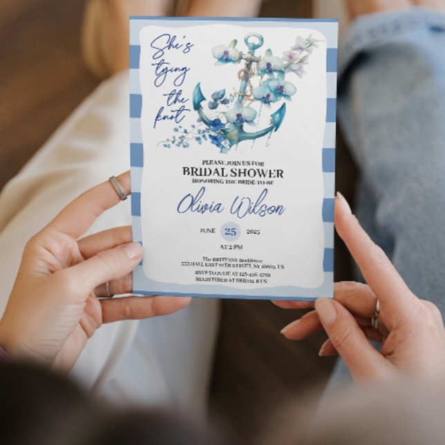 Ankar knyter knuten nautisk bröllopsdusch inbjudningar (chic Anchor Floral Roses Tying the Knot Nautical Bridal Shower Blue and White Stripe Sailboat invite)