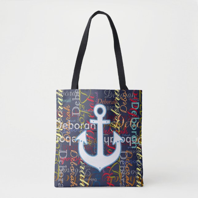 ankare med mönster av färglöst namn på blå tygkasse (Framsida)