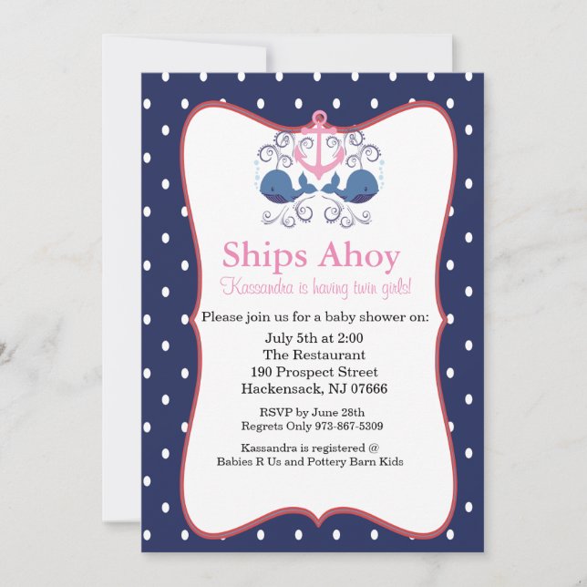 Ankare med valar för inbjudan till Twin Baby Showe (Framsida)