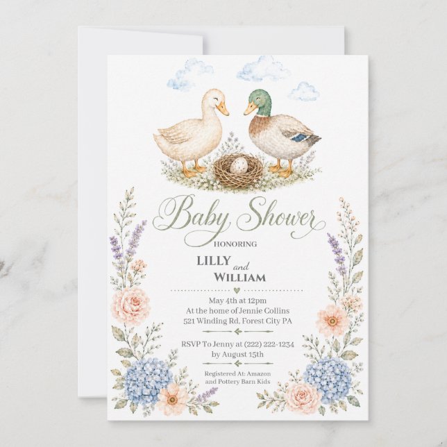 Ankduvor med bo Baby Shower-inbjudan Inbjudningar (Framsida)
