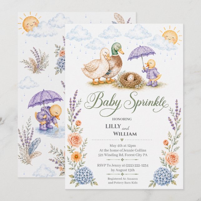 Ankfamilj En syskon Baby Sprinkle Inbjudan (Fram/baksida)