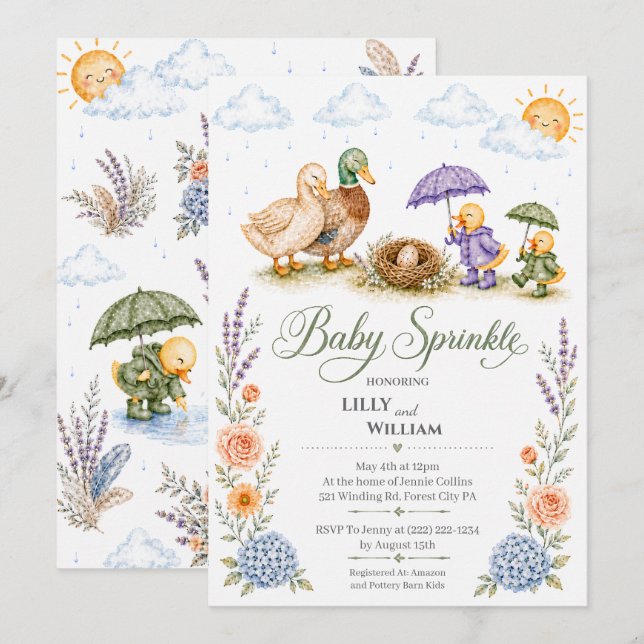 Ankfamilj Två syskon Baby Sprinkle Inbjudan (Fram/baksida)