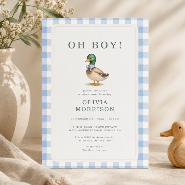Ankunge baby shower Blå Gingham Oh Boy Inbjudningar (Skapare uppladdad)