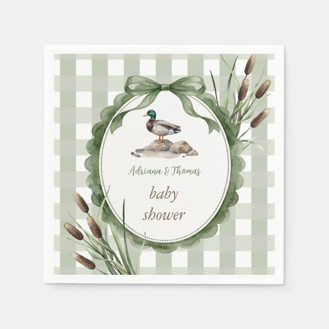 Ankunge Baby Shower Gingham Salvia Pappersservett (Framsidan)