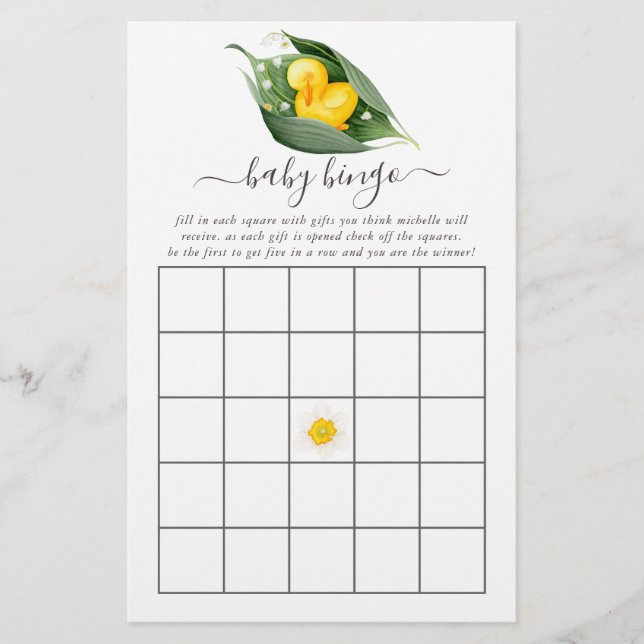 Ankunge Liljekonvalj Bebis Baby Shower Bingo (Framsida)
