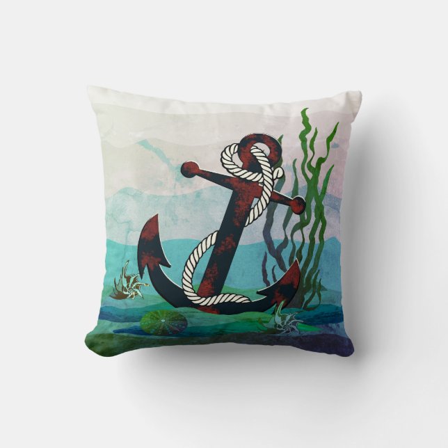 Ankur/havs/snäckor för grått-rostig nautisk verksa kudde (Framsida)