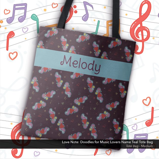Anm.: Doodles for Music Älskare Namn Teal Tygkasse (Love Note: Doodles for Music Lovers Tote Bag: Personalized with Your Name - Teal)