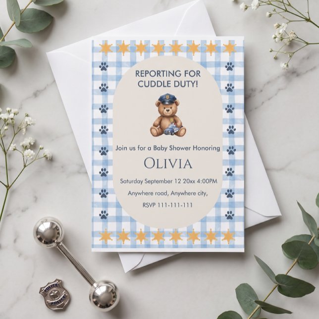 Anmälan för kuddplikts polis baby shower inbjudningar (Reporting for Cuddle Duty Police Baby Shower Invitation)