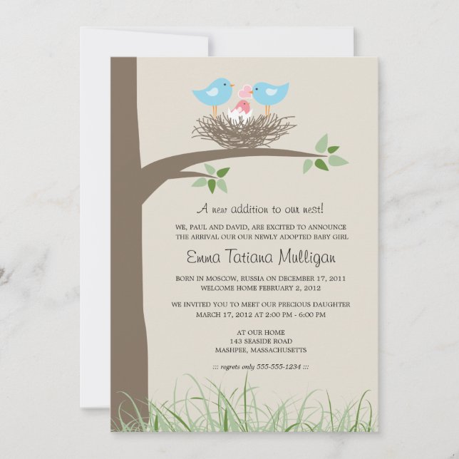 Anmälan om adoption av Gay Couple Baby Birds bo Inbjudningar (Framsida)