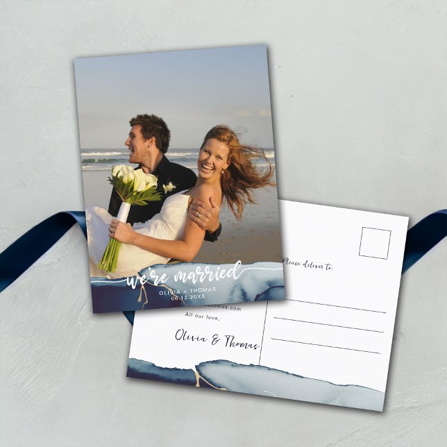 Anmälan om marin modern fotoutveckling i marinen vykort (navy blue elopement announcement postcard beach wedding photo modern minimalist elegant romantic)
