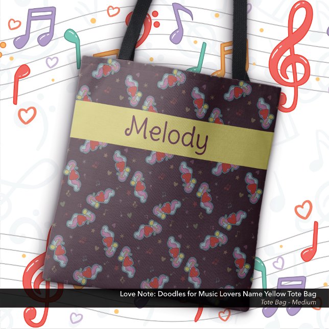 Anmärkning: Doodles for Music Älskare Namn Gult Tygkasse (Love Note: Doodles for Music Lovers Tote Bag: Personalized with Your Name - Yellow)