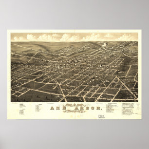 Ann Arbor Michigan 1880 Antique Panoramic Karta Poster