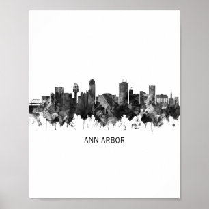 Ann Arbor Michigan Skyline BW Poster