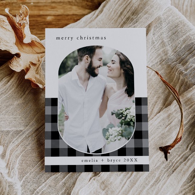 ANNA Grått Buffalo Play-familjens fotojul Julkort (ANNA Gray Buffalo Plaid Family Photo Christmas Holiday Card)