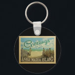 Anna Maria Island Beach Vintage resor Nyckelring<br><div class="desc">I Hälsning från Anna Maria-vintagens vykort finns en sandstrand med vackra turkoshavet vatten och över havet,  ett blå himmel med giftiga vita moln. I vintage resor stil.</div>