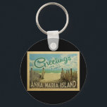 Anna Maria Island Beach Vintage resor Nyckelring<br><div class="desc">I Hälsning från Anna Maria-vintagens vykort finns en sandstrand med vackra turkoshavet vatten och över havet,  ett blå himmel med giftiga vita moln. I vintage resor stil.</div>