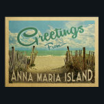 Anna Maria Island Beach Vintage resor Poster<br><div class="desc">I Hälsning från Anna Maria-vintagens vykort finns en sandstrand med vackra turkoshavet vatten och över havet,  ett blå himmel med giftiga vita moln. I vintage resor stil.</div>