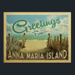 Anna Maria Island Beach Vintage resor Poster<br><div class="desc">I Hälsning från Anna Maria-vintagens vykort finns en sandstrand med vackra turkoshavet vatten och över havet,  ett blå himmel med giftiga vita moln. I vintage resor stil.</div>