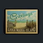 Anna Maria Island Magnet Beach Vintage resor<br><div class="desc">I Hälsning från Anna Maria-vintagens vykort finns en sandstrand med vackra turkoshavet vatten och över havet,  ett blå himmel med giftiga vita moln. I vintage resor stil.</div>