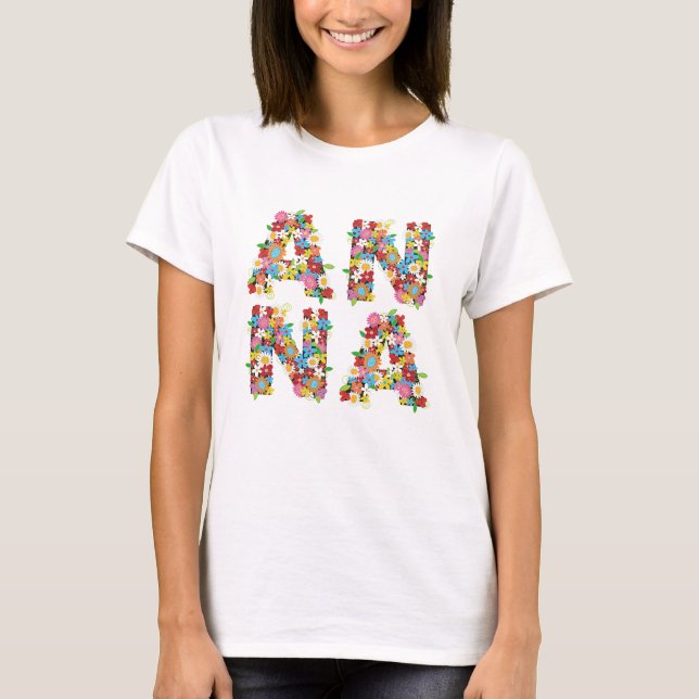 "ANNA" Personlig Namn Whimsical Vår blommor T Shirt (Framsida)
