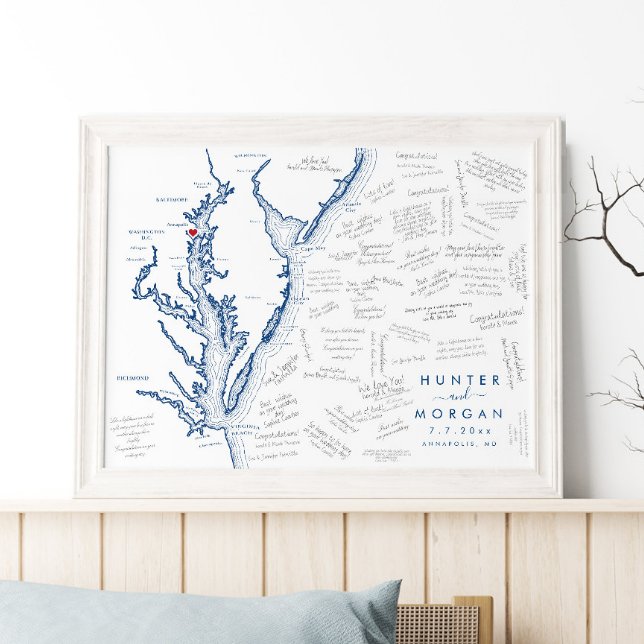 Annapolis Bröllop Modern Guest Bok Poster (This Chesapeake Bay map alternative guest book is perfect for your Annapolis destination wedding)