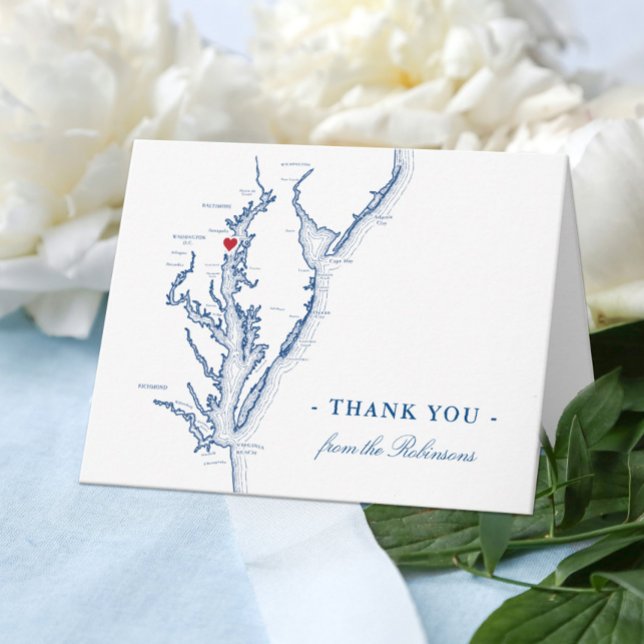 Annapolis Chesapeake Bay Karta Bröllop Personlig Tack Kort (Annapolis MD Personalized Wedding Thank You card with elegant navy blue Chesapeake Bay map)