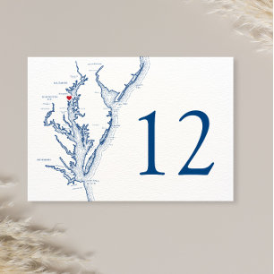 Annapolis Chesapeake Bay Karta Elegant Navy Bröllo Bordsnummer