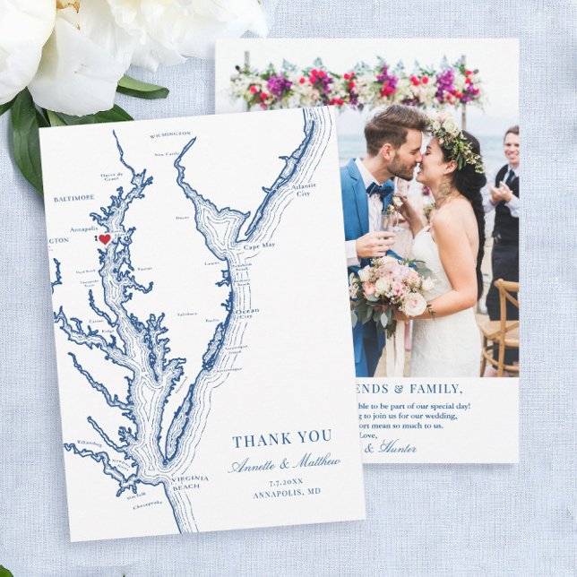 Annapolis Chesapeake Bay Maryland Bröllop Flat Tack Kort (These Annapolis wedding photo thank you cards are perfect for your Maryland destination wedding
)